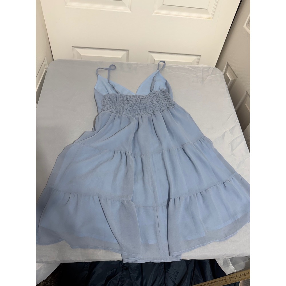 Hyfve Light Blue Tiered Mini Dress V-Neck Smocked Back Spaghetti Strap Large